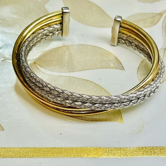 925 Sterling Silver Double Twist Cuff Bracelet Two Tone Italy 23g Sz 6-6.25” - Picture 3 of 10